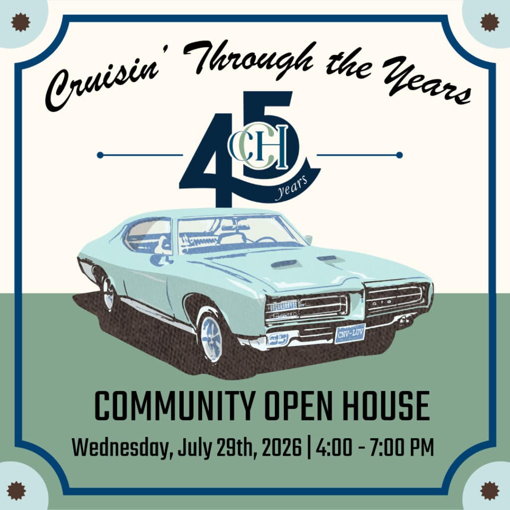 Illustration of a vintage car with the text Cruisin Through the Years, 45 CHI Years, and details for a Community Open House on July 29th, 2026, from 4:00 to 7:00 PM.